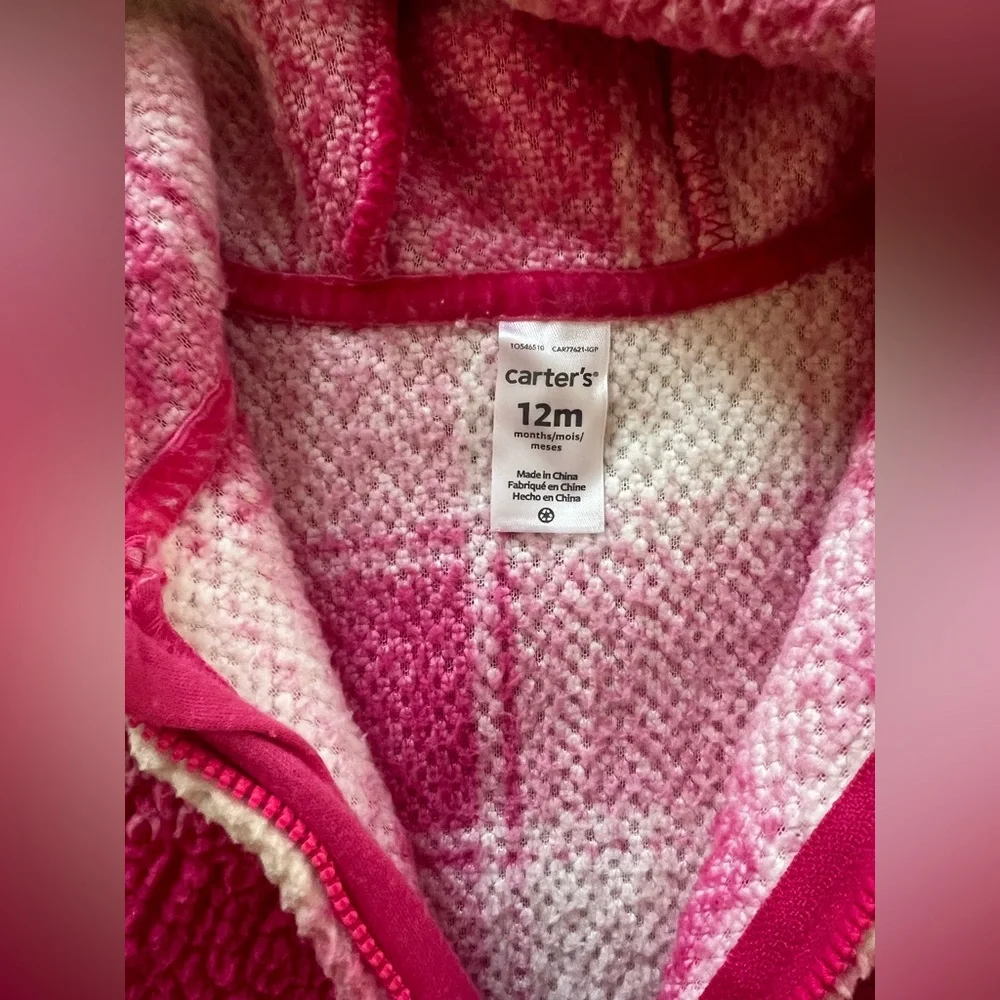 Carter's Pink and White Checkered Jumpsuit with Hood- 12 months